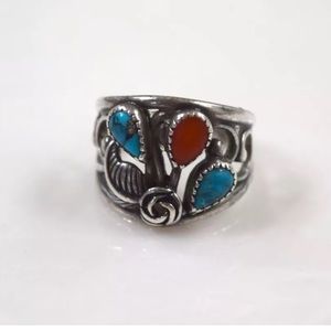Vintage Navajo blue and coral turquoise ring
